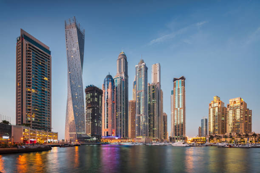 Skyline of Dubai Marina showcasing modern skyscrapers, representing the business-friendly environment of IFZA Free Zone.